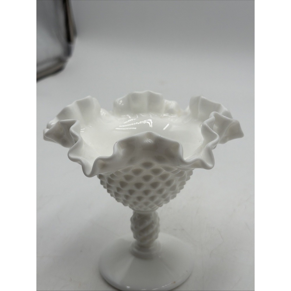 FENTON WHITE HOBNAIL MILK GLASS Pedestal Nut Compote Candy Ruffled Dish 5 inches - Picture 4 of 8